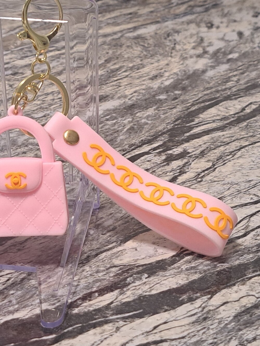 Fashion Quilted Handbag Bag Charm/ Keychain with Logo Strap - Picture 3 of 4